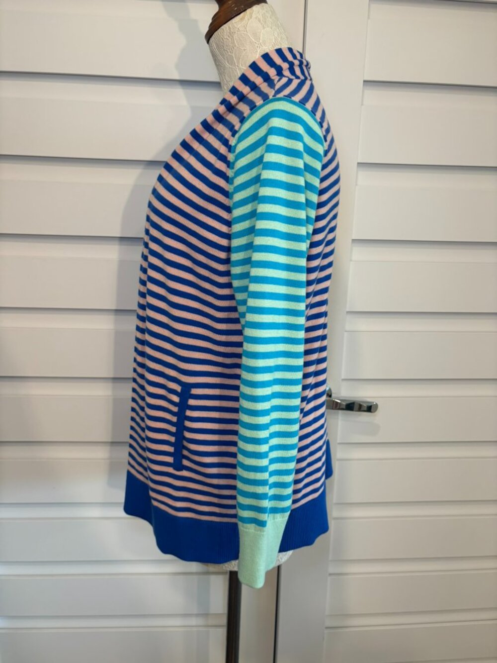 Lands' End Cotton Open Front Striped Colorblock Soft & Comfy Cardigan Sweater - Picture 9 of 12
